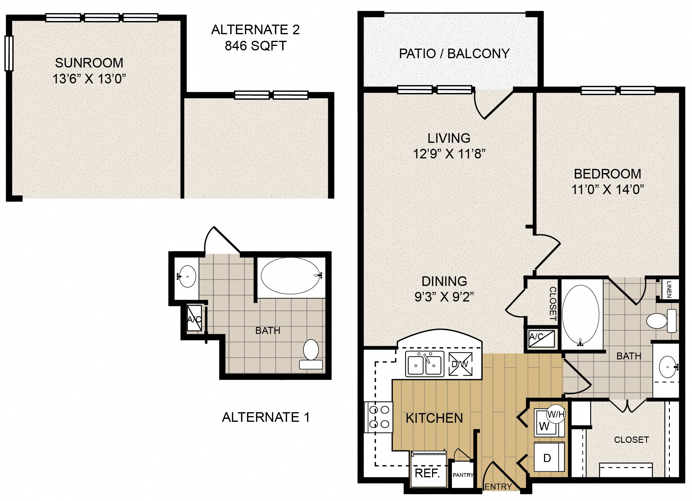 Floor plan for 1 bed, 1 bath, 846 sqft